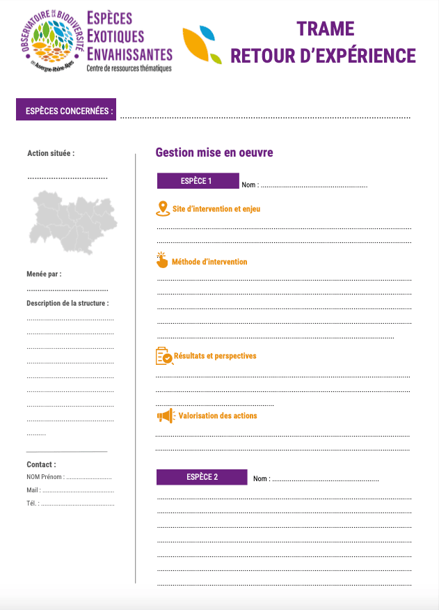 Page de couverture de la Trame "Retours d'expériences" sur les Espèces Exotiques Envahissantes